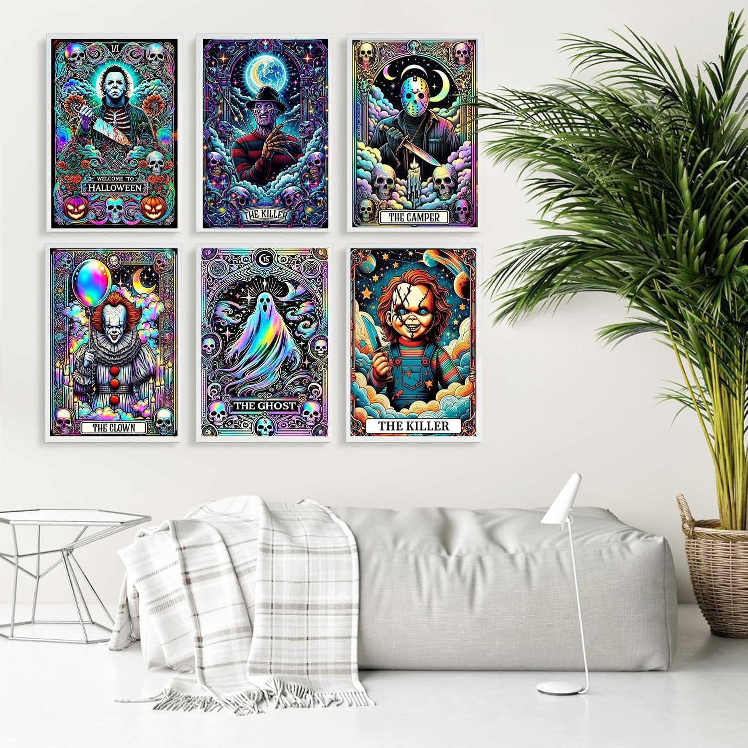 Six framed Halloween-themed diamond art kits displayed on a white wall, featuring horror characters like Michael Myers, Freddy Krueger, Jason Voorhees, Pennywise, a ghost, and Chucky.
