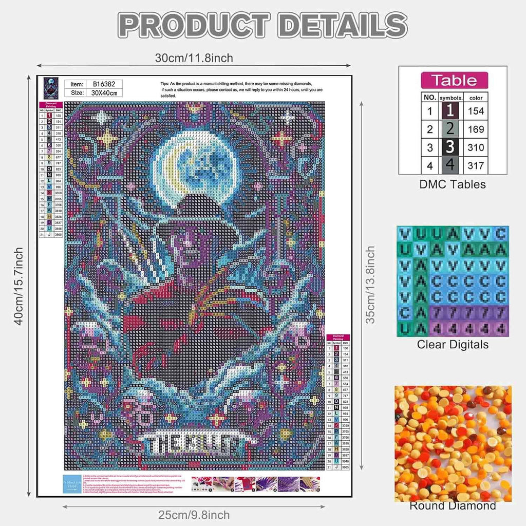 Kit showing a horror-themed image of a figure in a hat under a full moon, with DMC color codes and diamond drills.