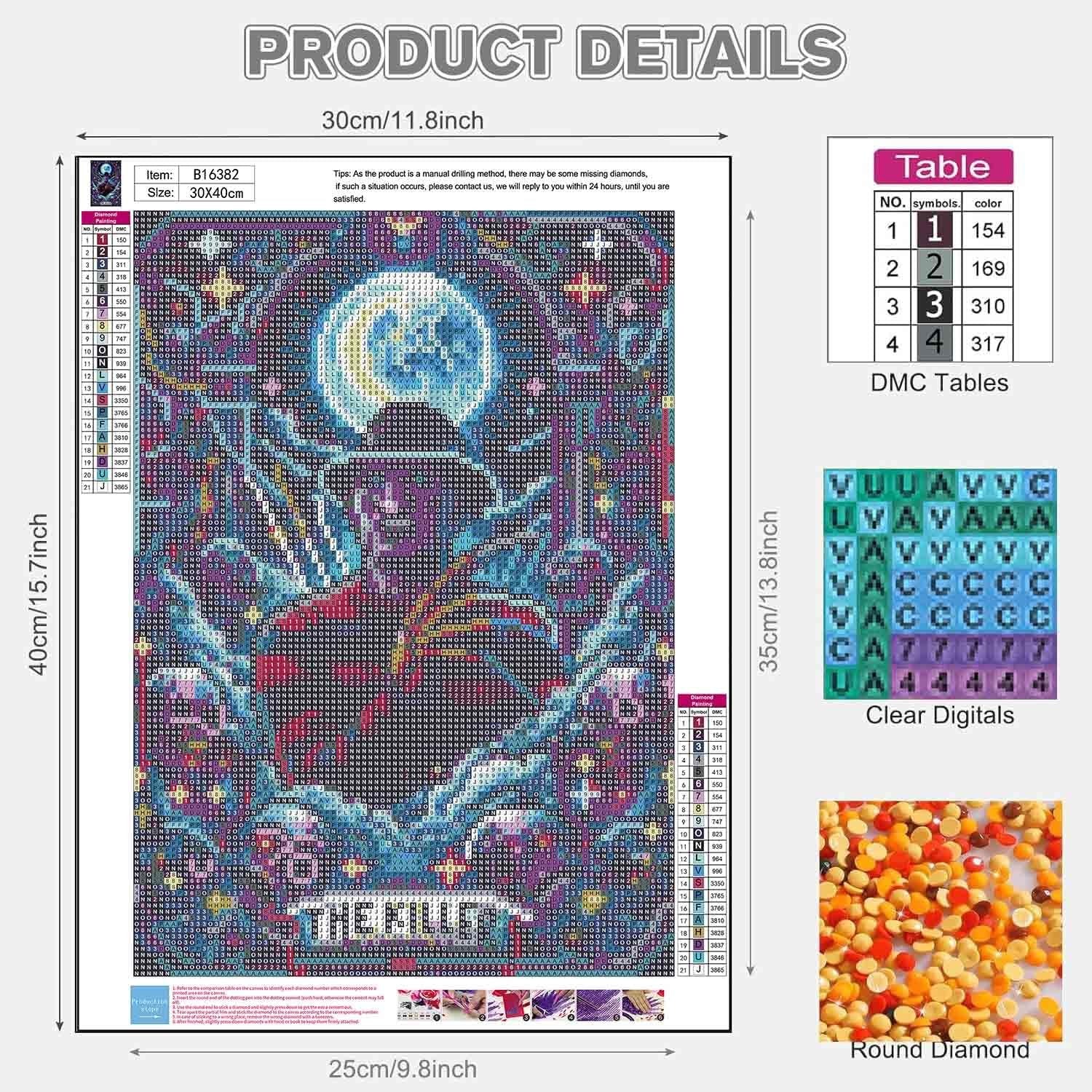 Kit showing a horror-themed image of a figure in a hat under a full moon, with DMC color codes and diamond drills.