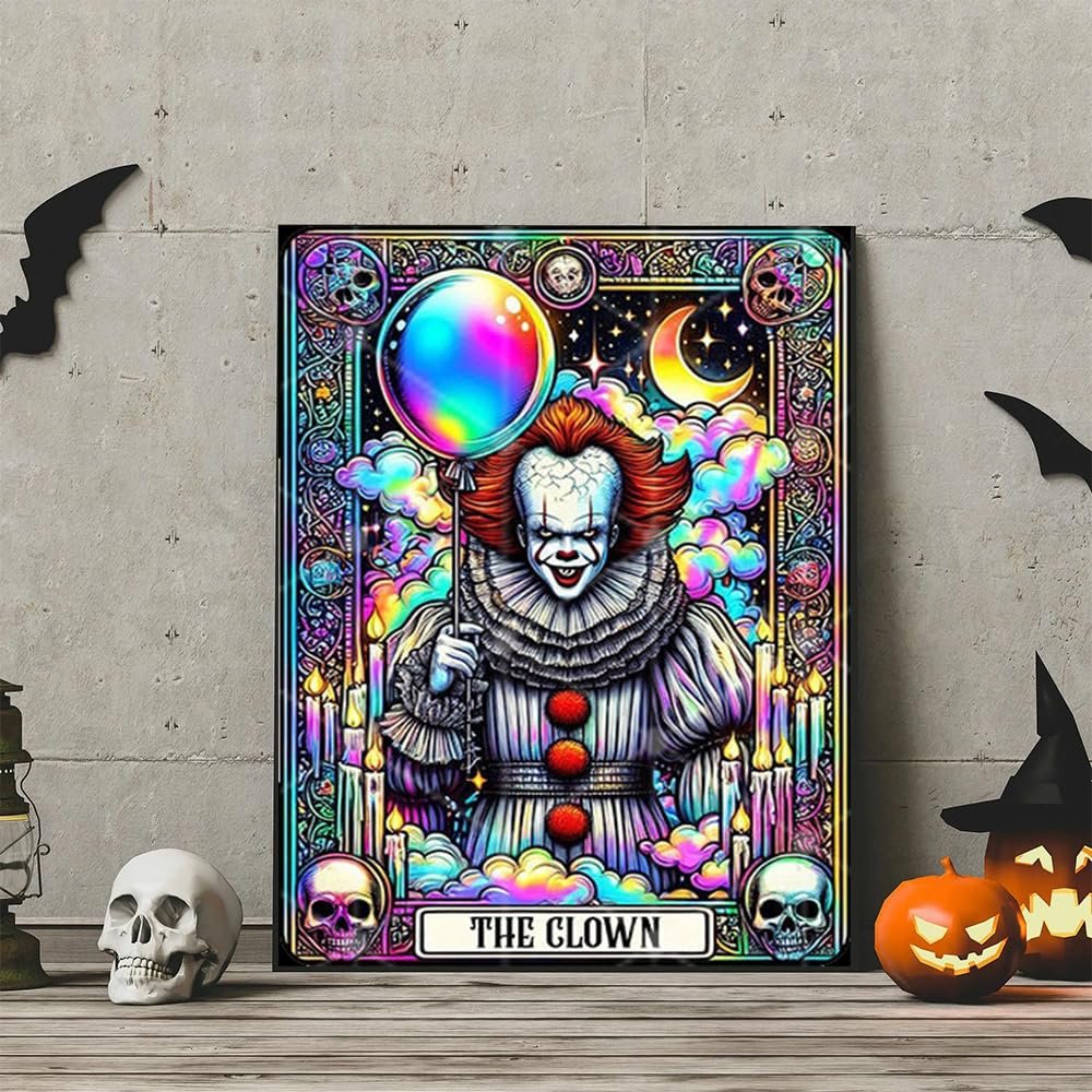 Kit featuring a creepy clown holding a rainbow balloon, surrounded by skulls, candles, and a crescent moon.