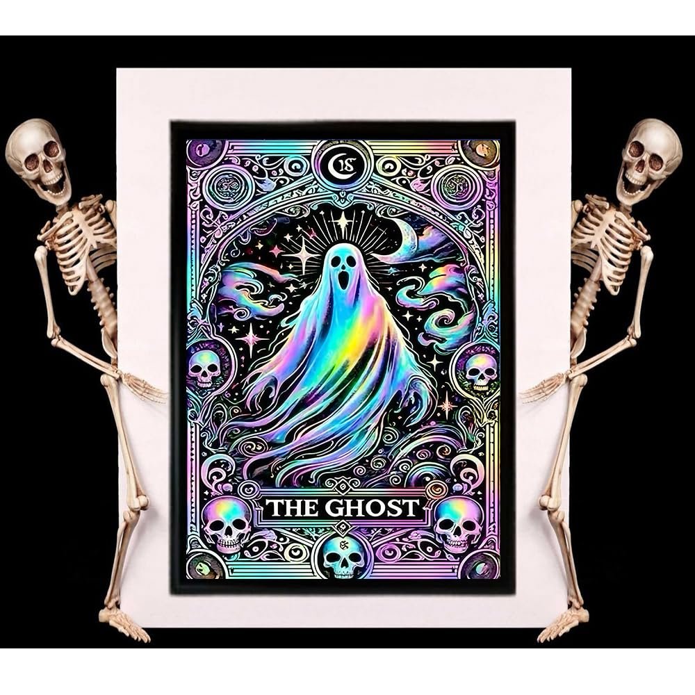 Kit featuring a colorful ghost design with skulls and celestial elements, framed by skeletons.