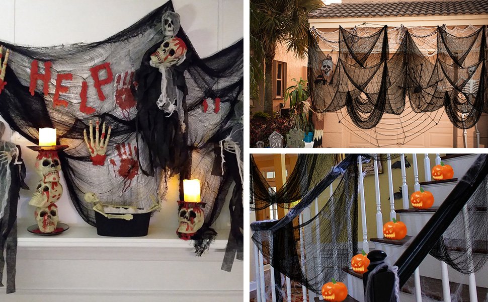 Collage of Halloween decorations: creepy cloth draped indoors with skulls and a HELP sign, creepy cloth draped outdoors over a garage, and creepy cloth draped on a staircase with jack-o'-lanterns.