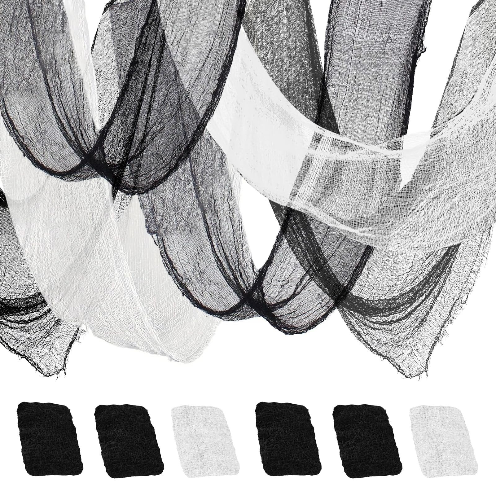 Black and white creepy cloth gauze draped and folded, with swatches of black and white fabric below on a white background.