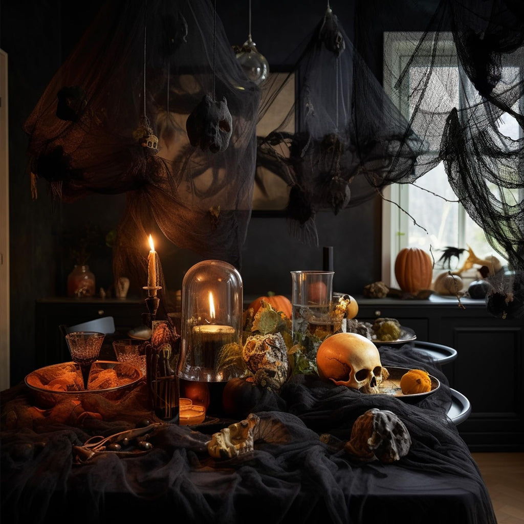 Halloween table setting with black creepy cloth, skulls, pumpkins, and candles, draped over a table and hanging from the ceiling.