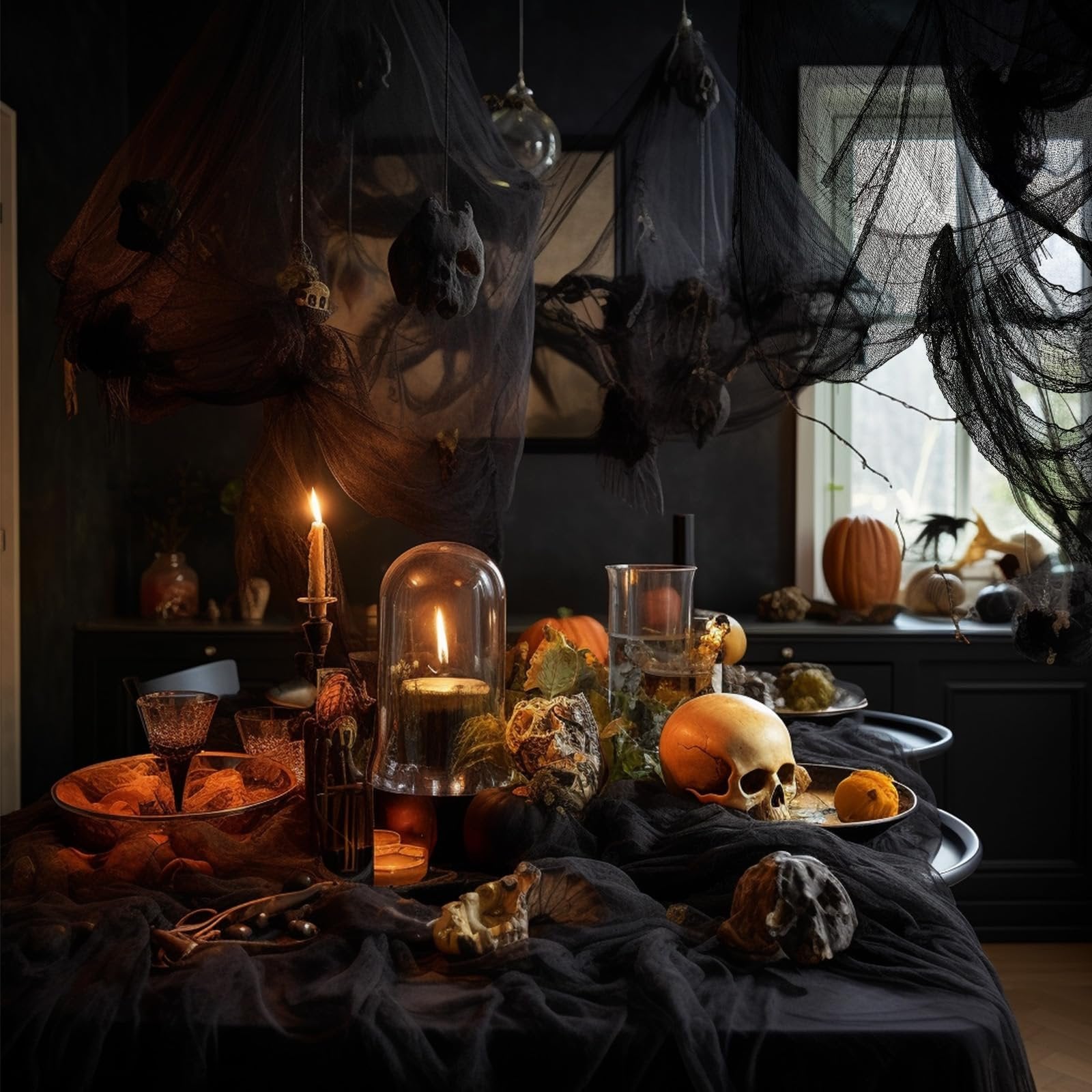 Halloween table setting with black creepy cloth, skulls, pumpkins, and candles, draped over a table and hanging from the ceiling.