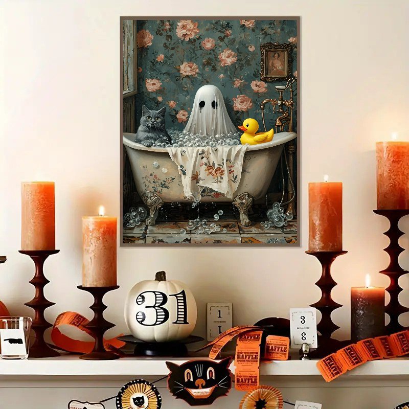 Halloween diamond art painting kit featuring a ghost, cat, and rubber duck in a bathtub with bubbles.
