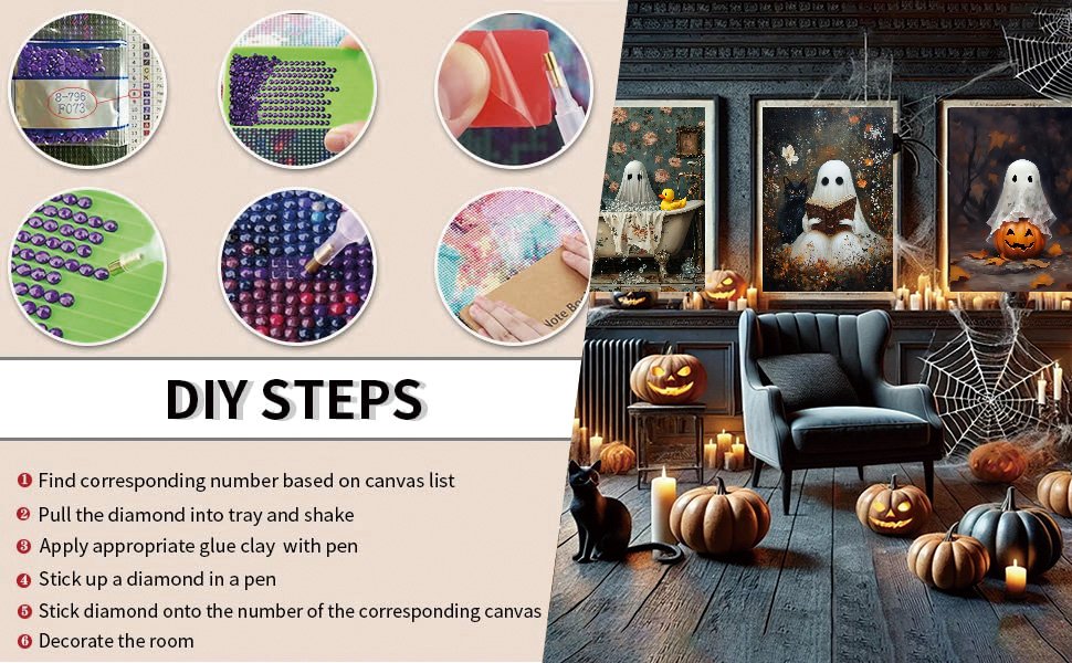 Halloween diamond art painting kit instructions and finished artwork display. Includes steps for applying rhinestones and images of ghost-themed art.