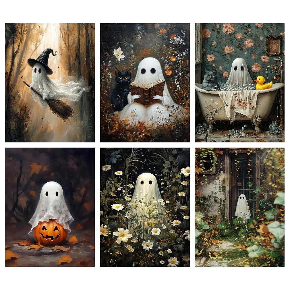 Six Halloween ghost diamond art painting kit designs featuring ghosts in various whimsical scenes.