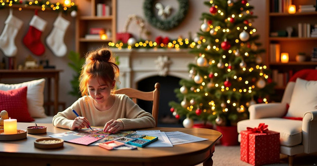 Young girl doing diamond painting greeting cards at a table during Christmas, with a decorated tree and stockings in the background.