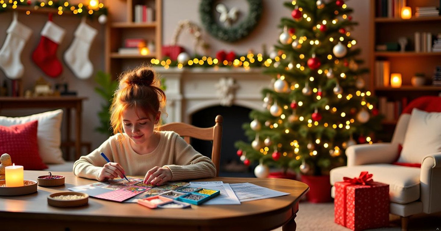 Young girl doing diamond painting greeting cards at a table during Christmas, with a decorated tree and stockings in the background.