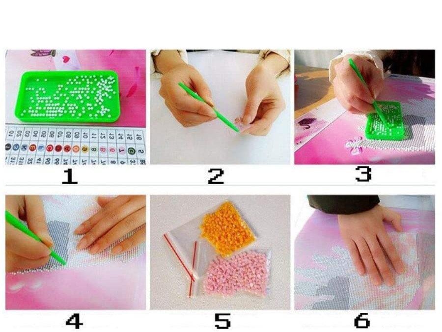 Collage of six images showing steps for a diamond painting greeting card kit. Includes tray with rhinestones, hands holding tools, and bags of beads.