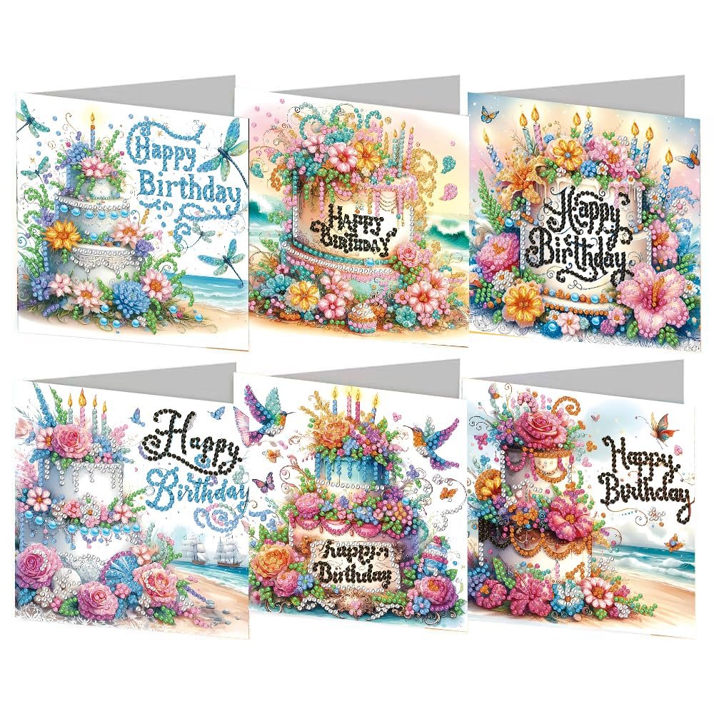 Six diamond painting greeting cards featuring birthday cakes decorated with flowers and candles, with beach scenes.