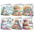 Six diamond painting greeting cards featuring birthday cakes decorated with flowers and candles, with beach scenes.