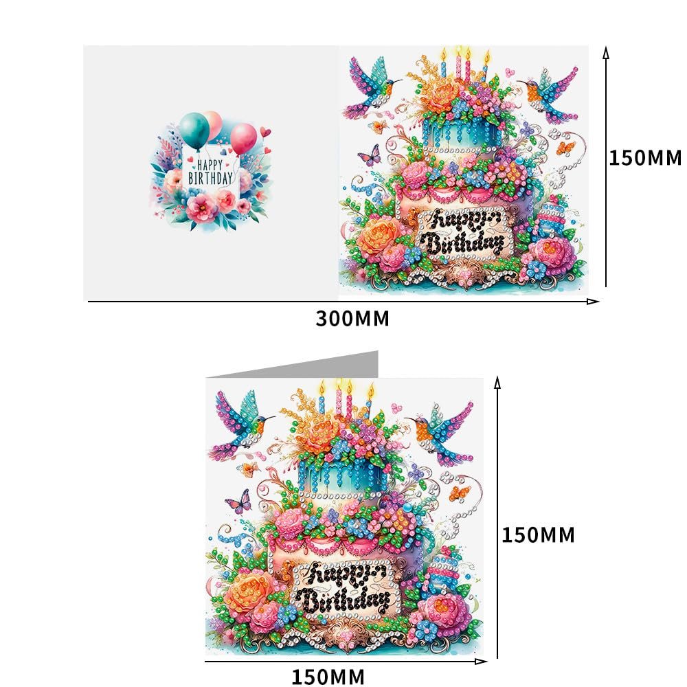Diamond painting greeting cards with happy birthday cake and birds, includes dimensions