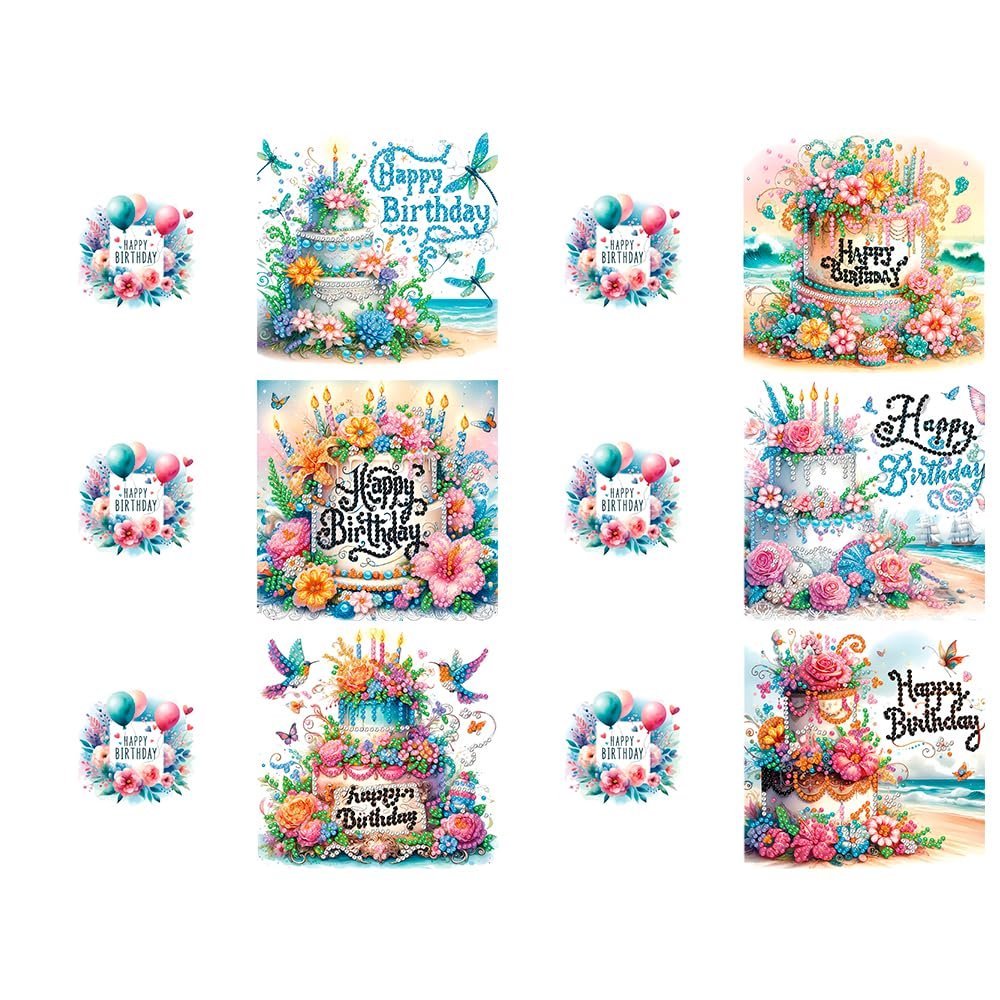 Collage of diamond painting greeting cards featuring birthday cakes and balloons.