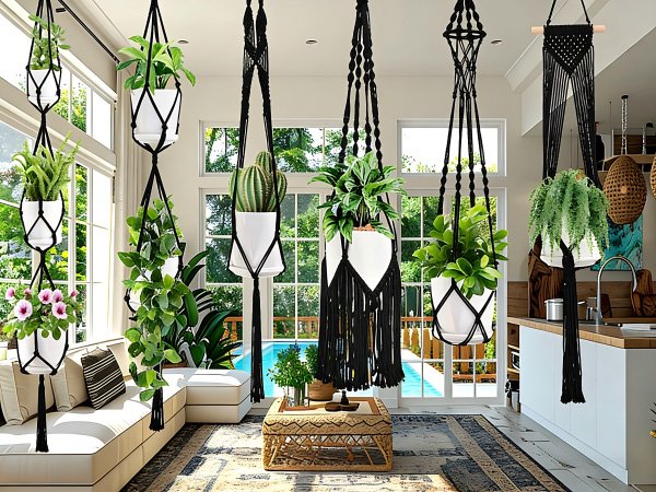 Six black macrame plant hangers with white pots holding various plants, displayed in a sunroom with a pool view.