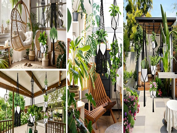 Collage of lifestyle images showing macrame plant hangers with potted plants in various outdoor and indoor settings.