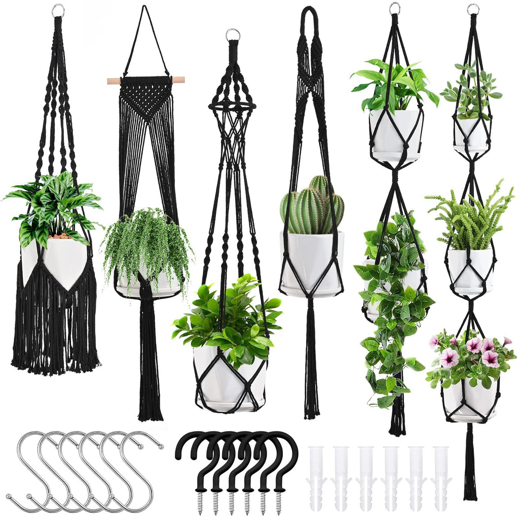 Six black macrame plant hangers with various plants and accessories including S hooks, ceiling hooks, and expansion tubes.