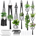 Six black macrame plant hangers with various plants and accessories including S hooks, ceiling hooks, and expansion tubes.