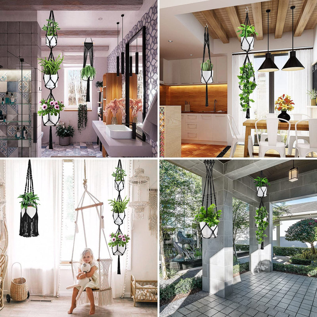 Four lifestyle scenes showing macrame plant hangers with potted plants in various home and outdoor settings.