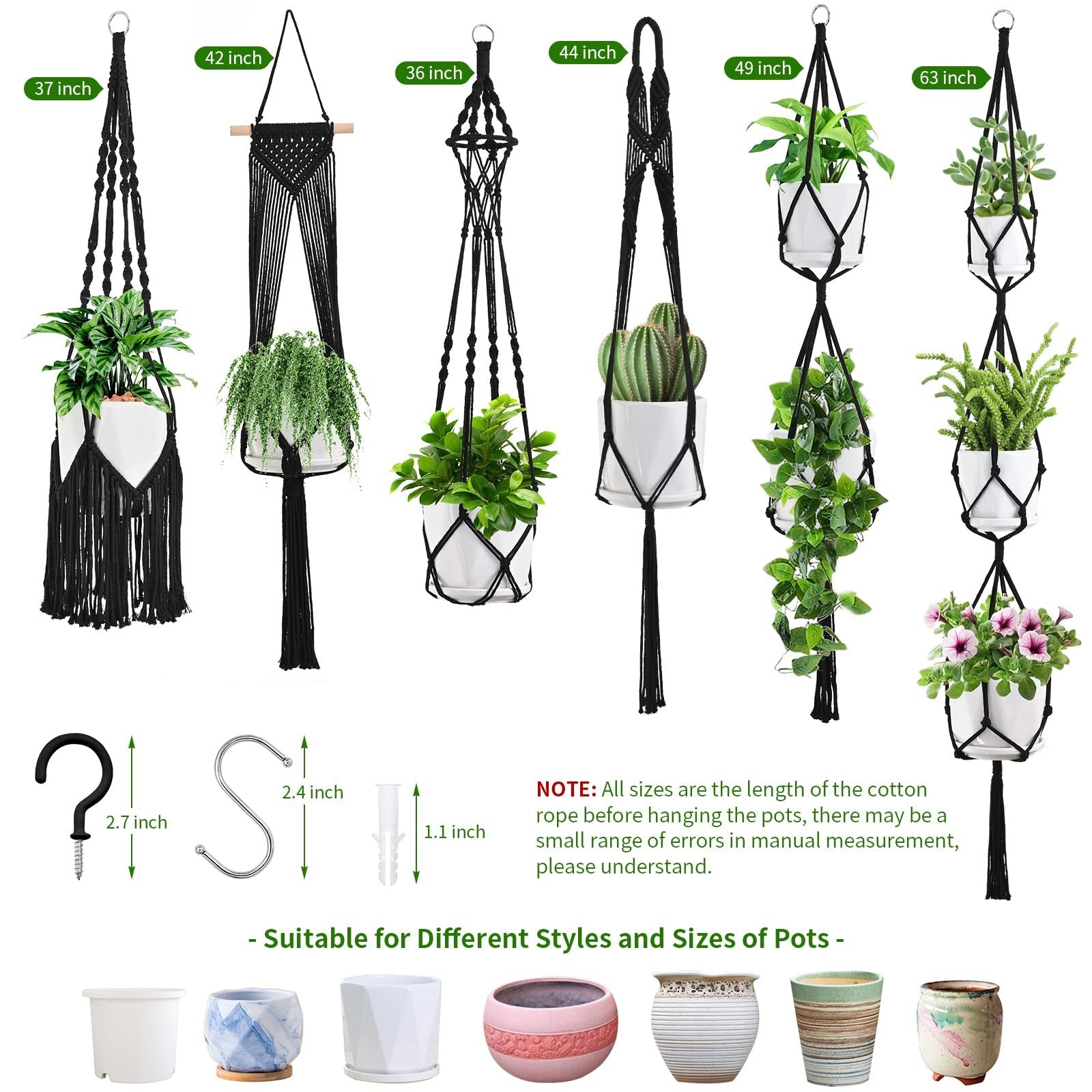 Six black macrame plant hangers of varying lengths displayed with plants and pots, plus hardware and pot examples.