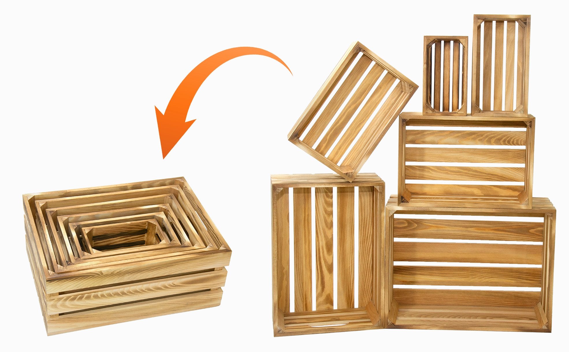 Six wooden crates of varying sizes stacked and nested, with an orange arrow indicating placement.