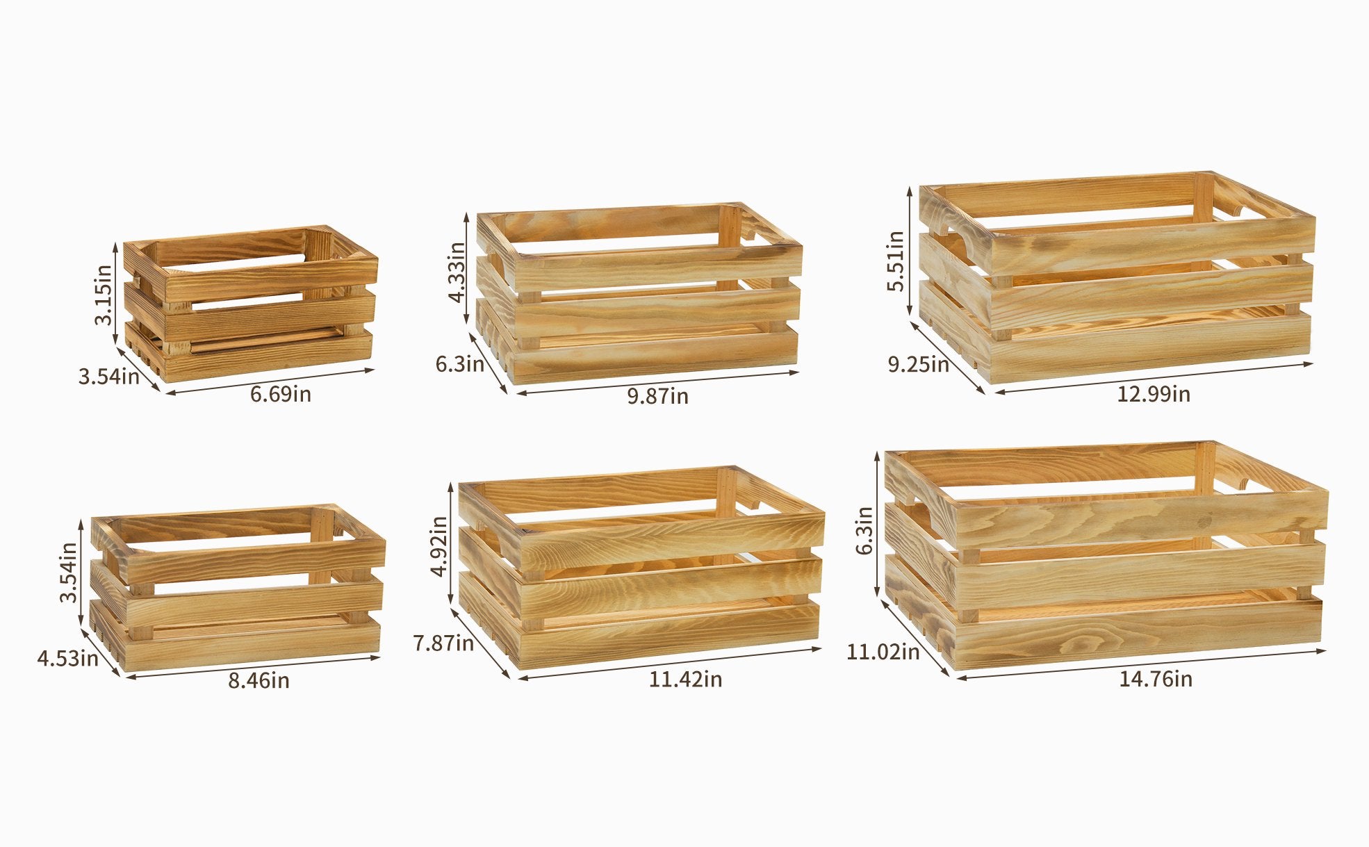 Six wooden crates of varying sizes displayed with dimension labels, showing height, width, and length.
