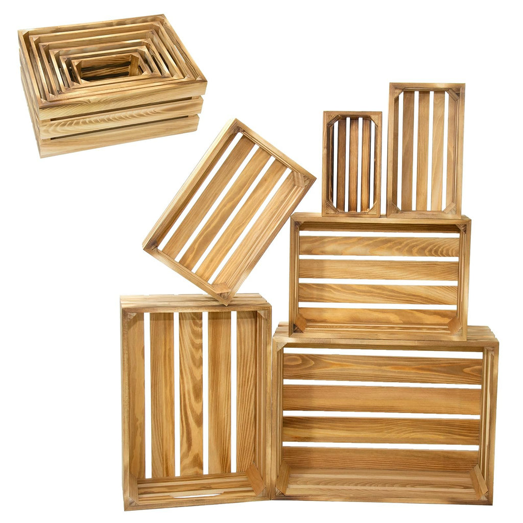 Stack of six rustic pine wood crates in varying sizes, some nested and some displayed open on a white background.
