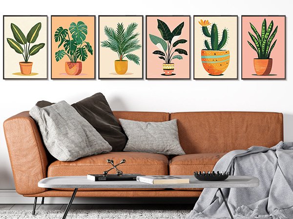 Six framed potted plant art prints displayed above a brown leather sofa.