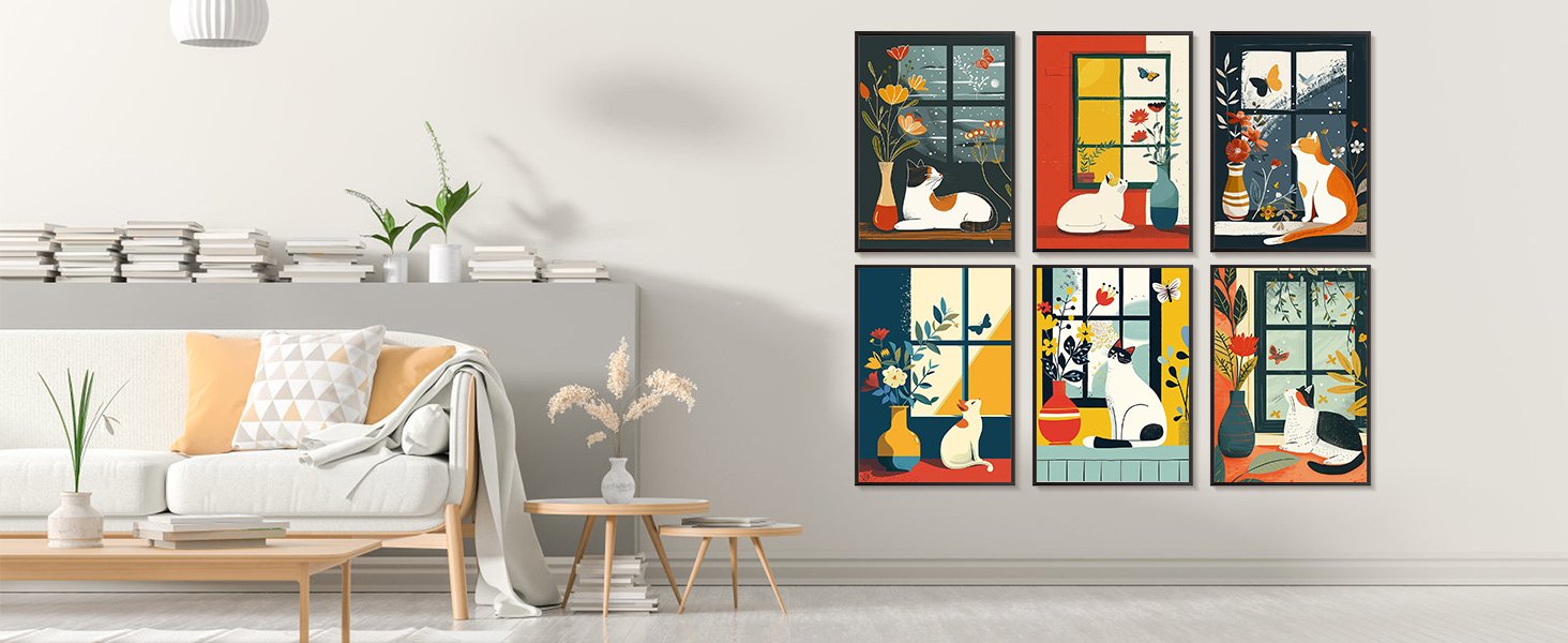 Six framed cat-themed art prints displayed on a wall above a sofa and coffee table.