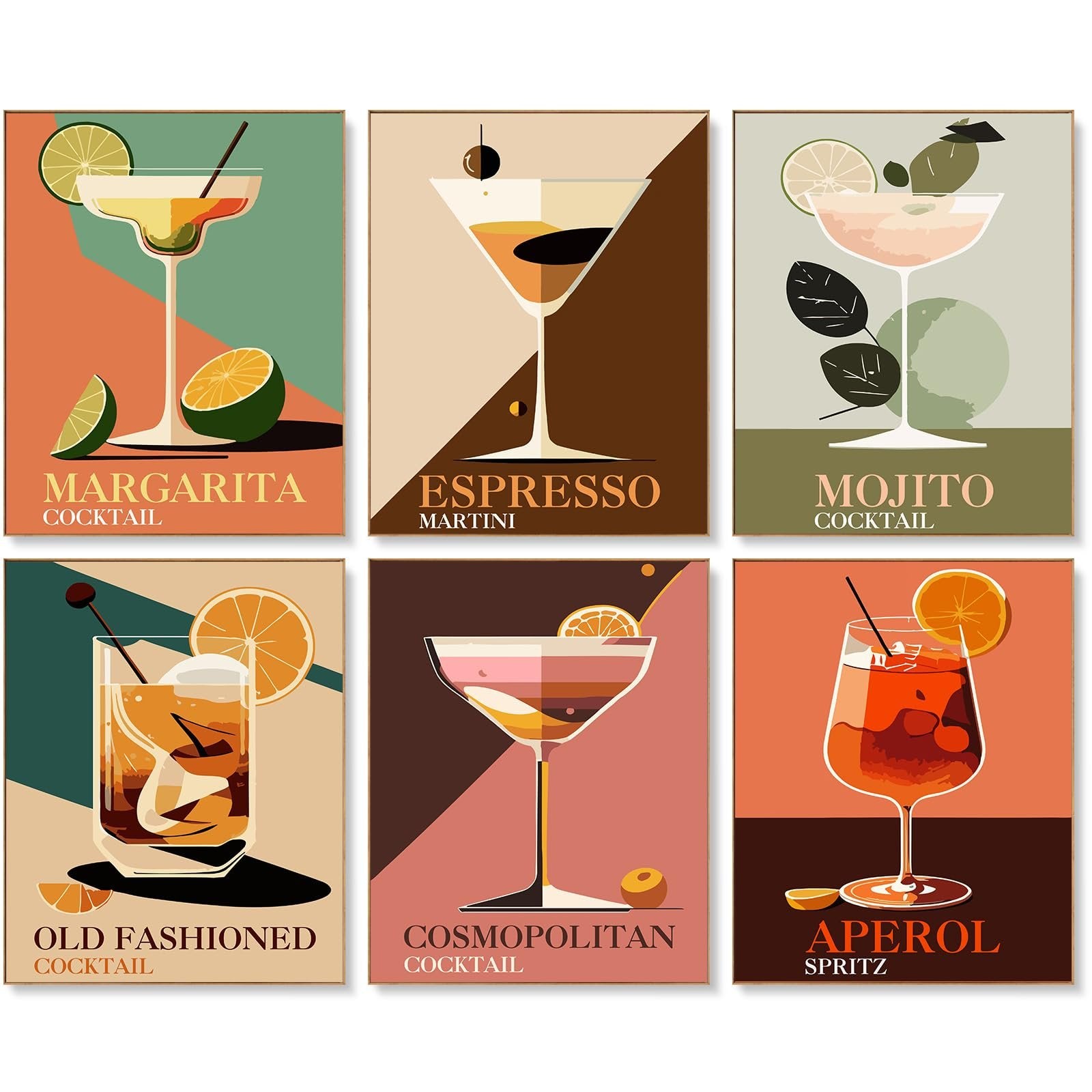 Six framed art prints featuring stylized cocktails: Margarita, Espresso Martini, Mojito, Old Fashioned, Cosmopolitan, and Aperol Spritz.