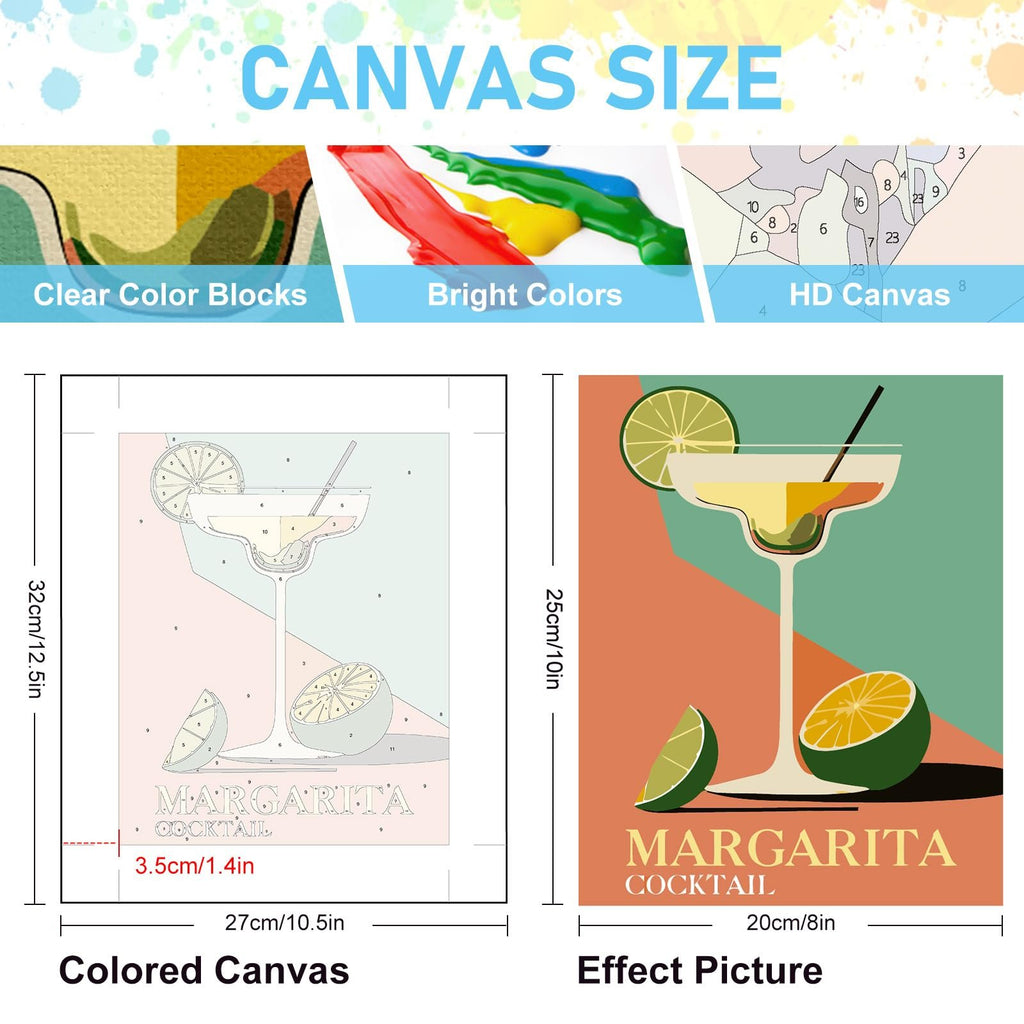 Paint by numbers canvas showing a margarita cocktail with limes, with size and feature callouts.