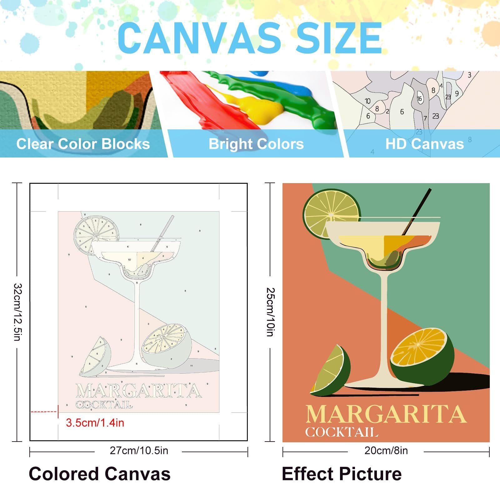 Paint by numbers canvas showing a margarita cocktail with limes, with size and feature callouts.