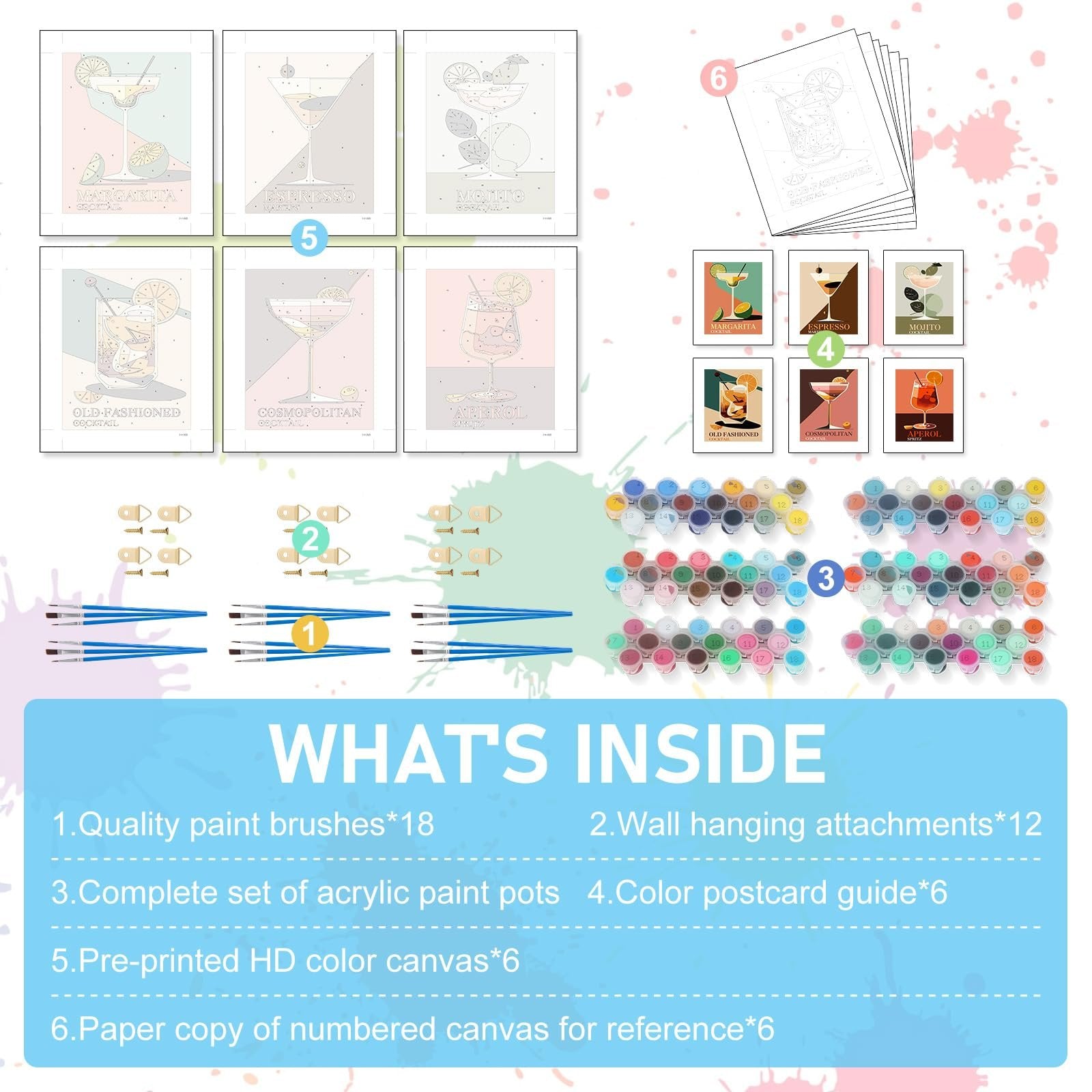 Paint by numbers kit contents including canvases, brushes, paints, and hardware, with cocktail theme.