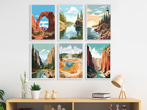 Six framed paint by numbers landscape art prints hanging on a wall above a shelf with decor.
