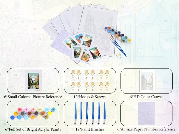 Paint by numbers kit contents including canvases, paints, brushes, and hanging hardware.