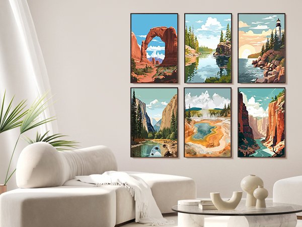 Six framed paint by numbers landscape art prints displayed on a wall above a sofa.
