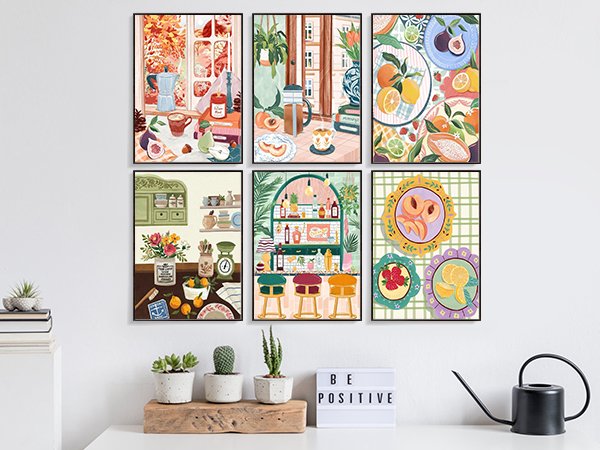 Six framed paint by numbers canvases depicting kitchen and fruit scenes, displayed on a wall.