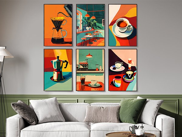 Six framed abstract art prints depicting coffee preparation and cafe scenes, displayed on a wall above a sofa.