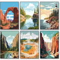 Six framed landscape paintings of national parks, including arches, lakes, and canyons.