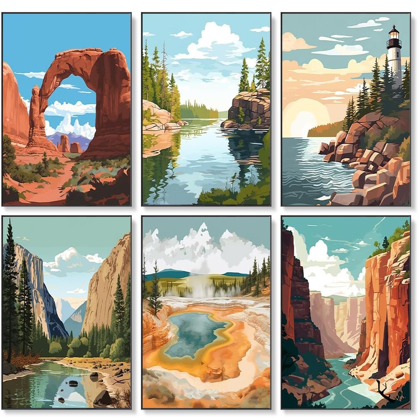 Six framed landscape paintings of national parks, including arches, lakes, and canyons.
