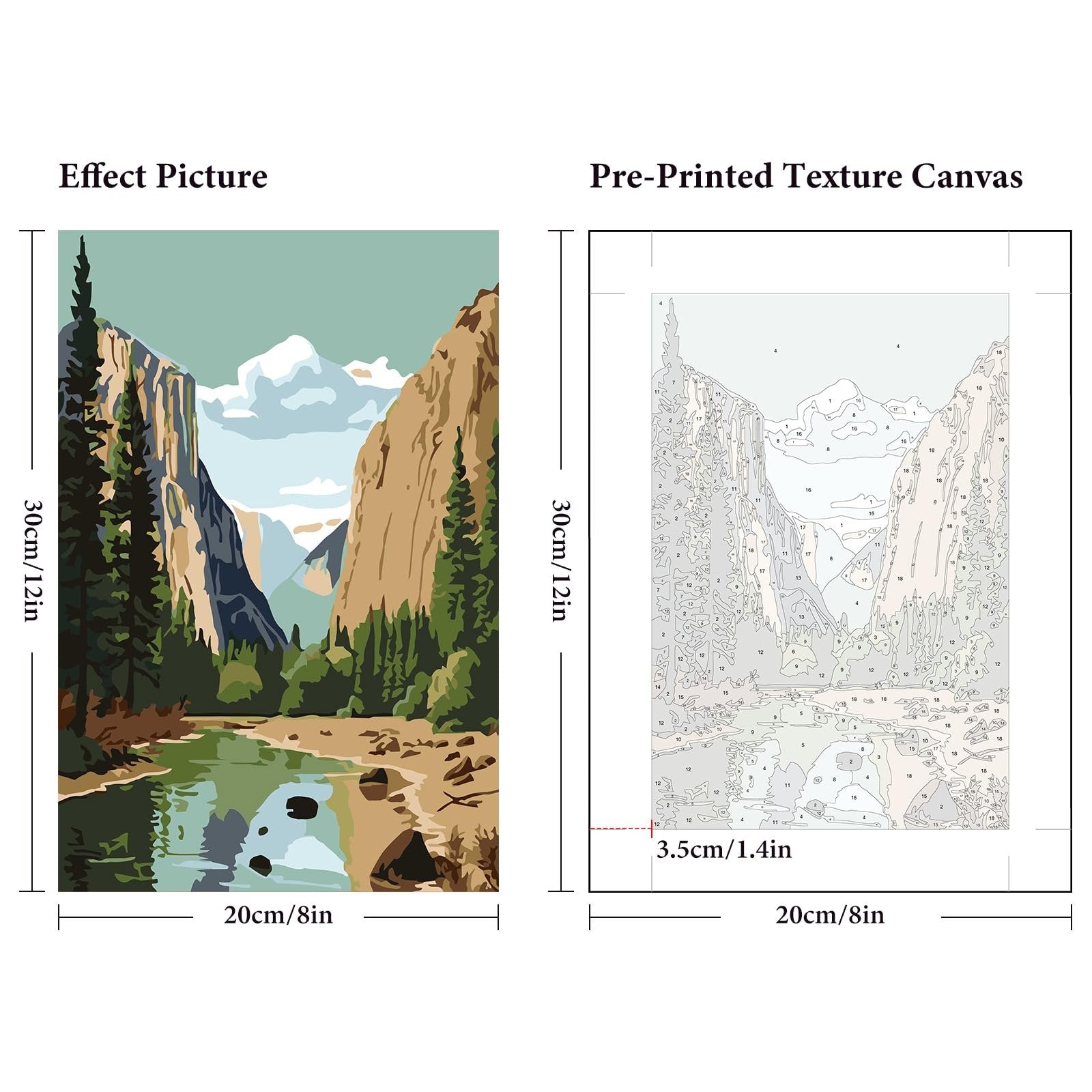 Paint by numbers kit showing an effect picture of a national park landscape and a pre-printed numbered canvas, both 8x12 inches.