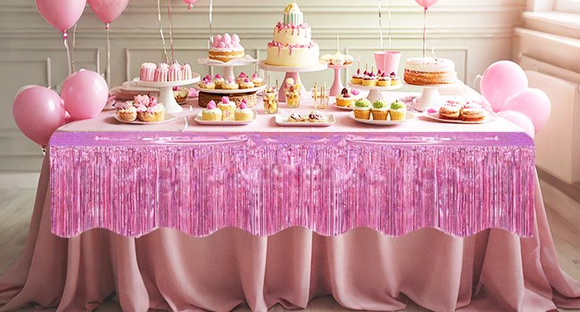 Pink foil fringe table skirt on a table decorated with cupcakes and balloons for a party
