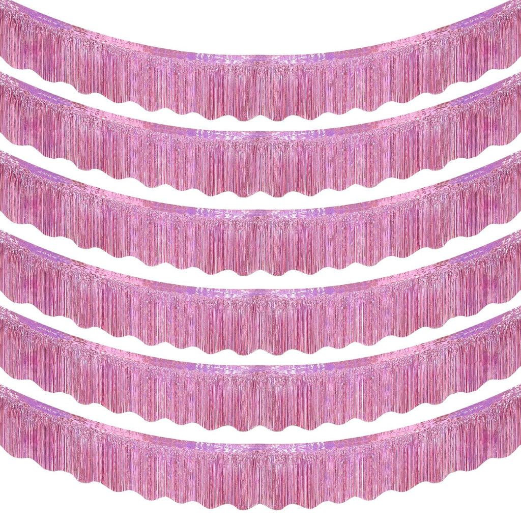 Six pink foil fringe garlands arranged in rows against a white background.