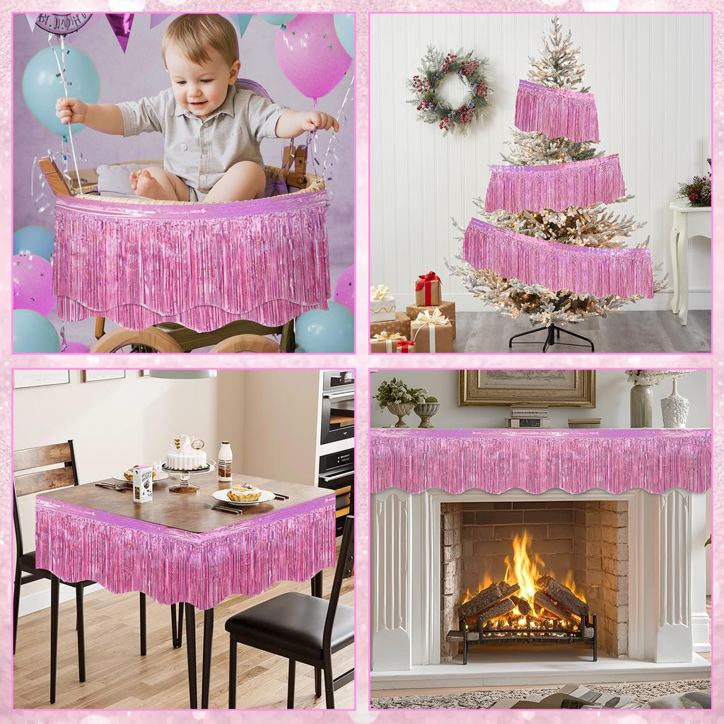 Collage of pink foil fringe garland used as decor for a baby's high chair, a Christmas tree, a dining table, and a fireplace mantel.