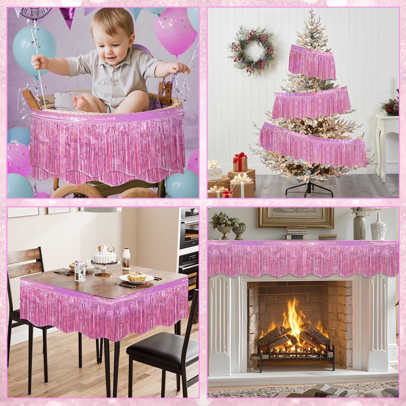 Collage of pink foil fringe garland used as decor for a baby's high chair, a Christmas tree, a dining table, and a fireplace mantel.
