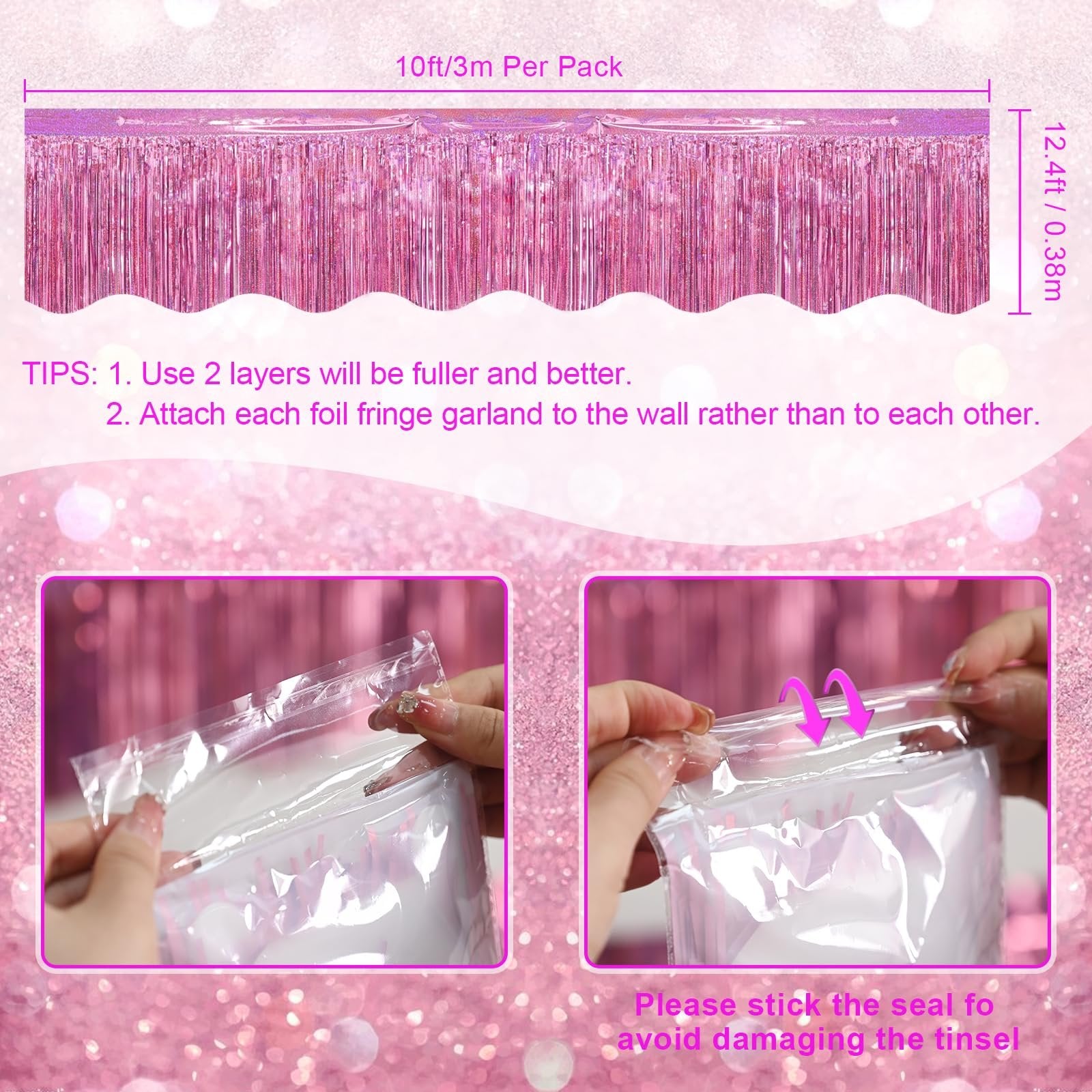 Pink foil fringe garland with dimensions and usage tips, shown with close-ups of packaging.