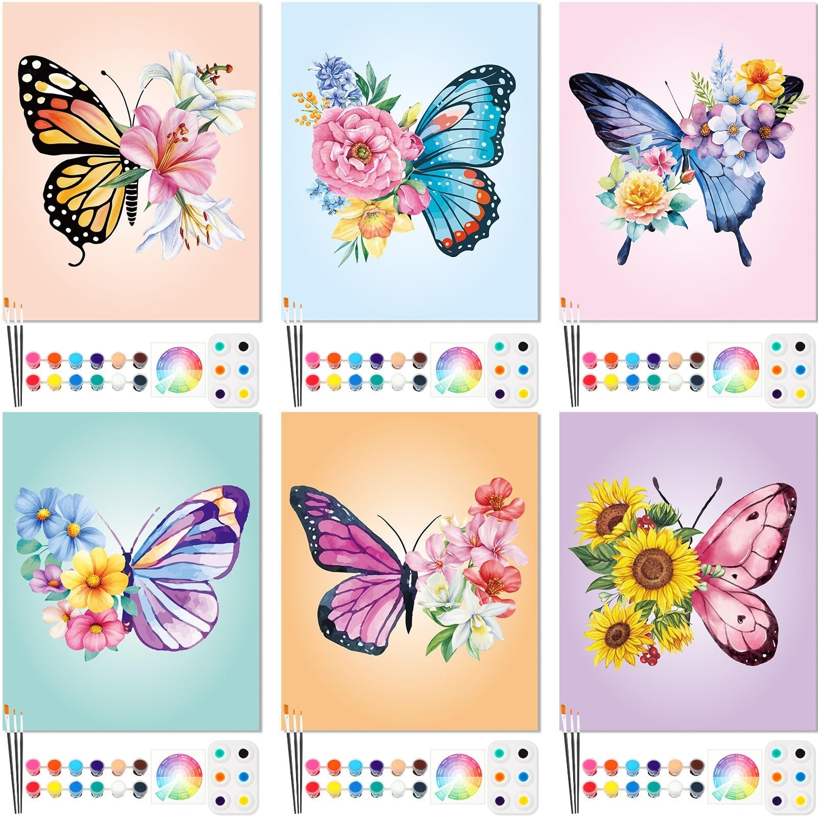 Six pre-drawn butterfly painting canvases with art supplies, each featuring a different butterfly and floral design.