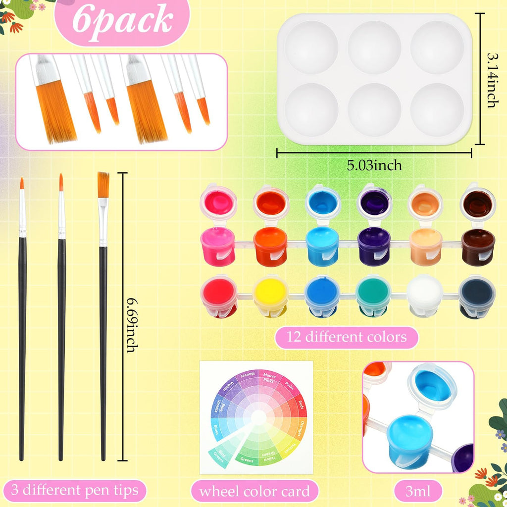 Painting kit contents including brushes, 12 paint pots, paint palette, and color wheel.
