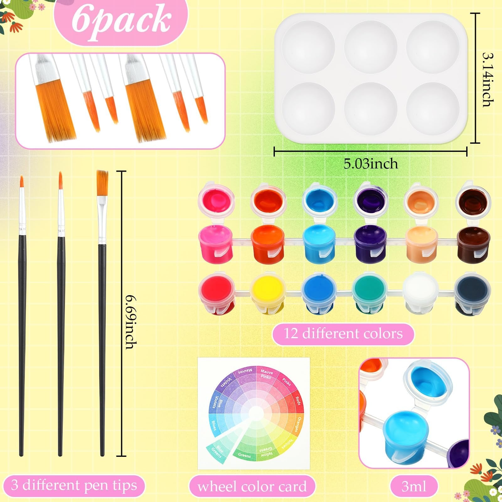 Painting kit contents including brushes, 12 paint pots, paint palette, and color wheel.